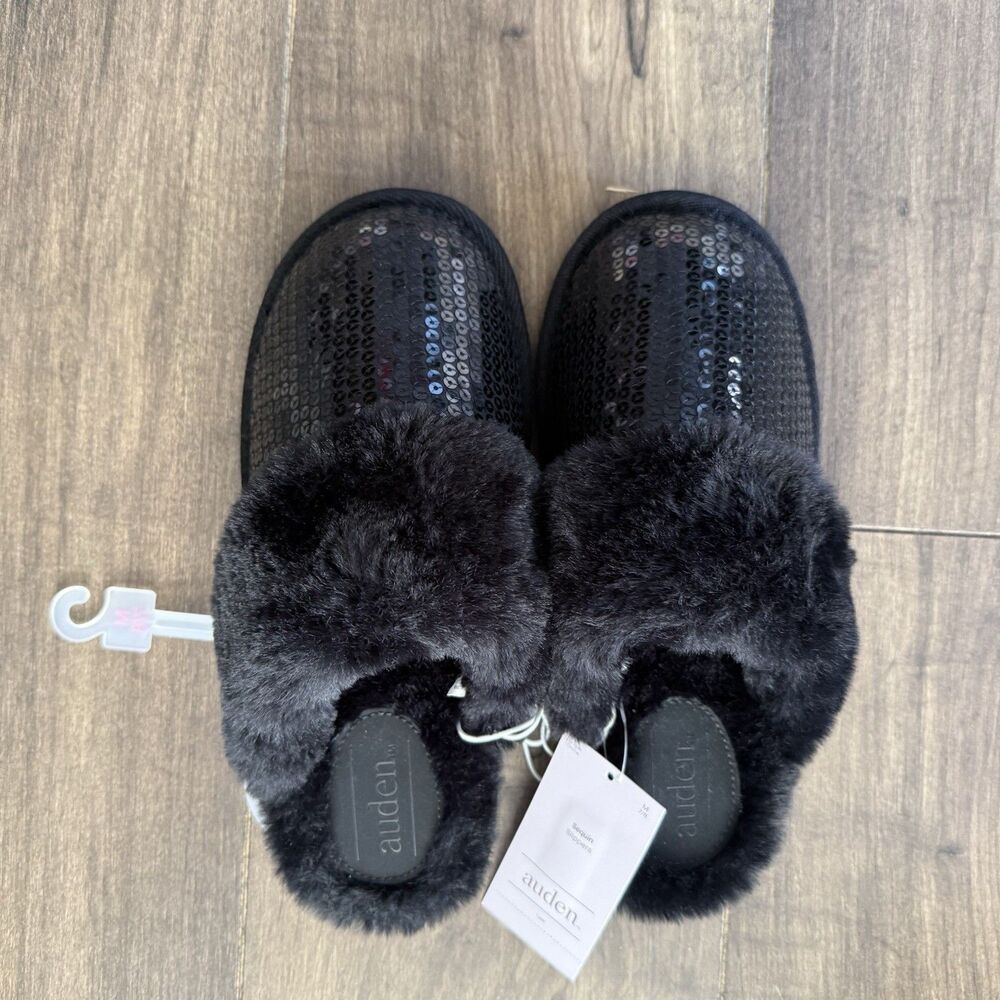NWT Black Sequin Fur Trim Auden Slippers Size M 7/8